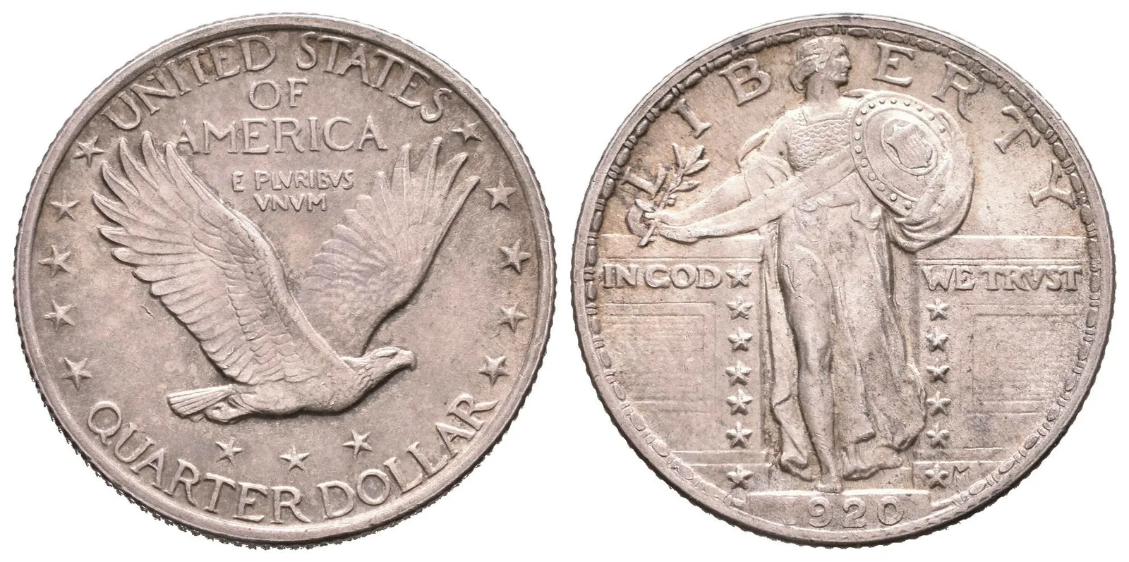 1/4 Dollar 1920, krásná zachovalost, tmavá patina, zbytky lesku, — 1