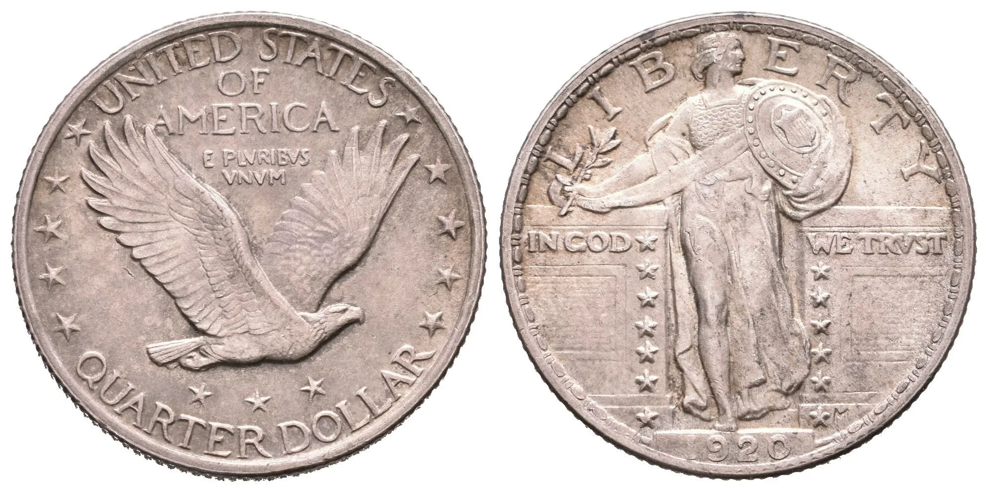 1/4 Dollar 1920, krásná zachovalost, tmavá patina, zbytky lesku, — 1