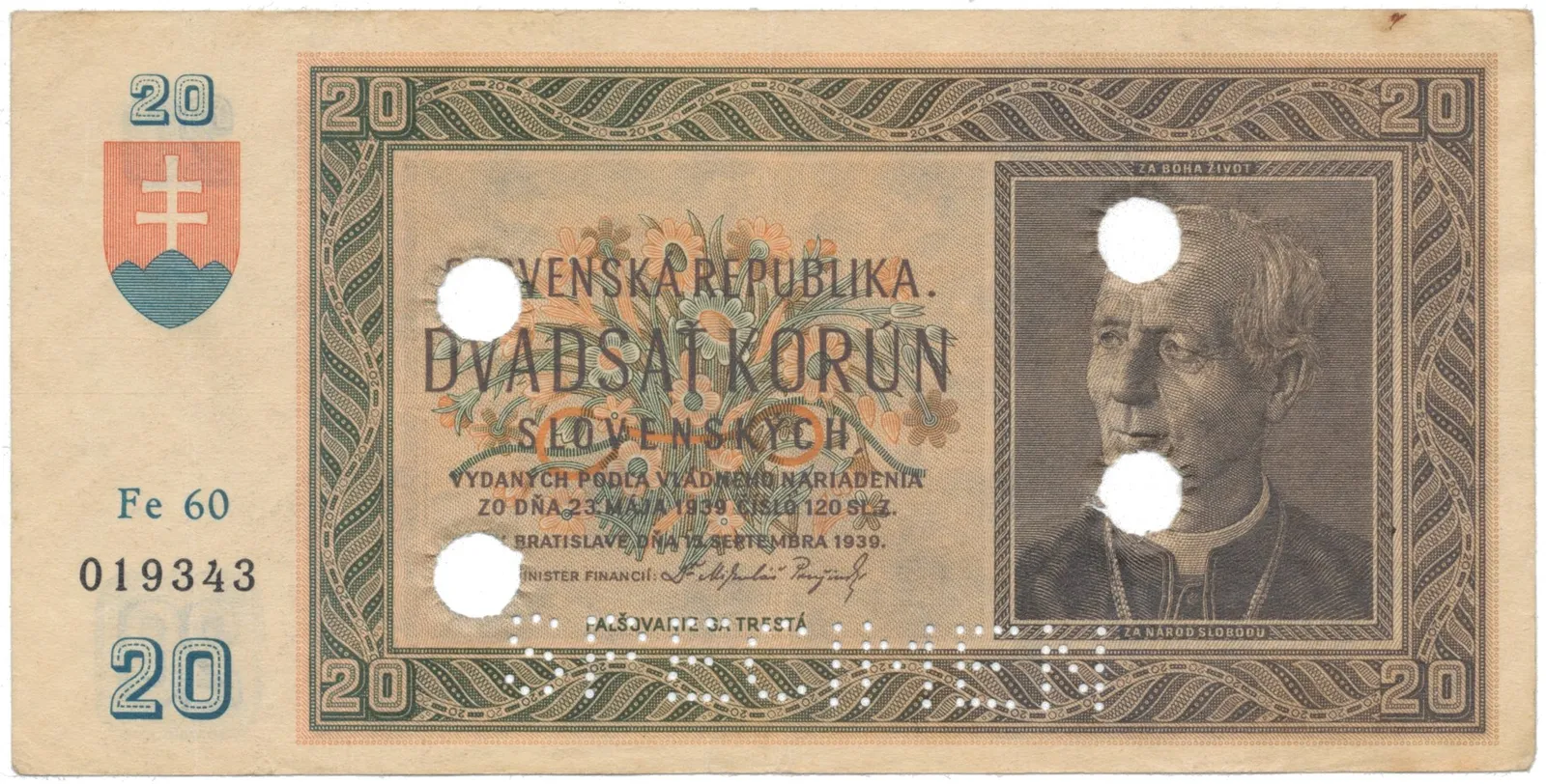 20 Koruna 1939, série Fe 60, Hej.47a2.S3