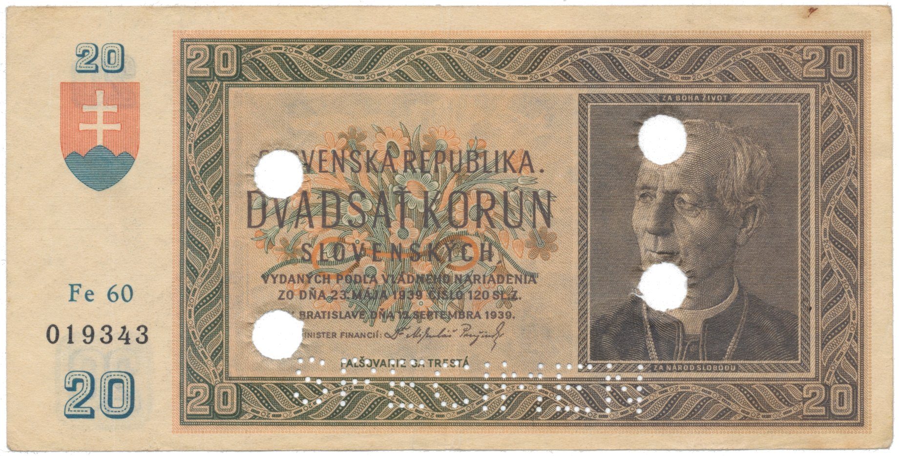 20 Koruna 1939, série Fe 60, Hej.47a2.S3