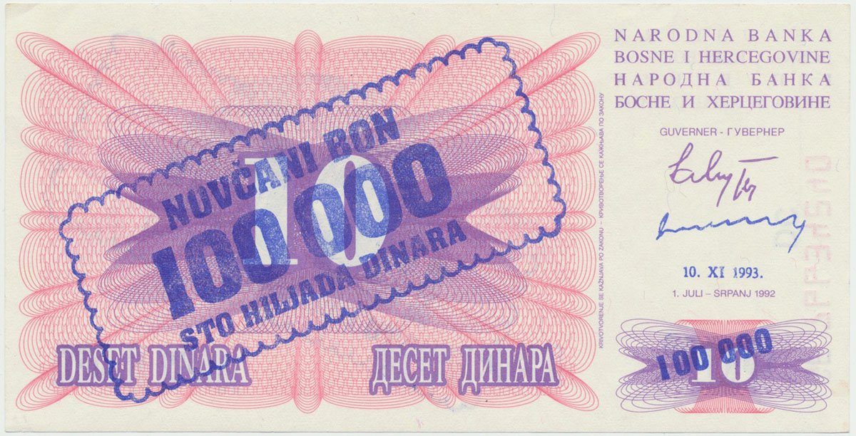Bosna a Hercegovina, 100,000 Dinara 1993, P.34b