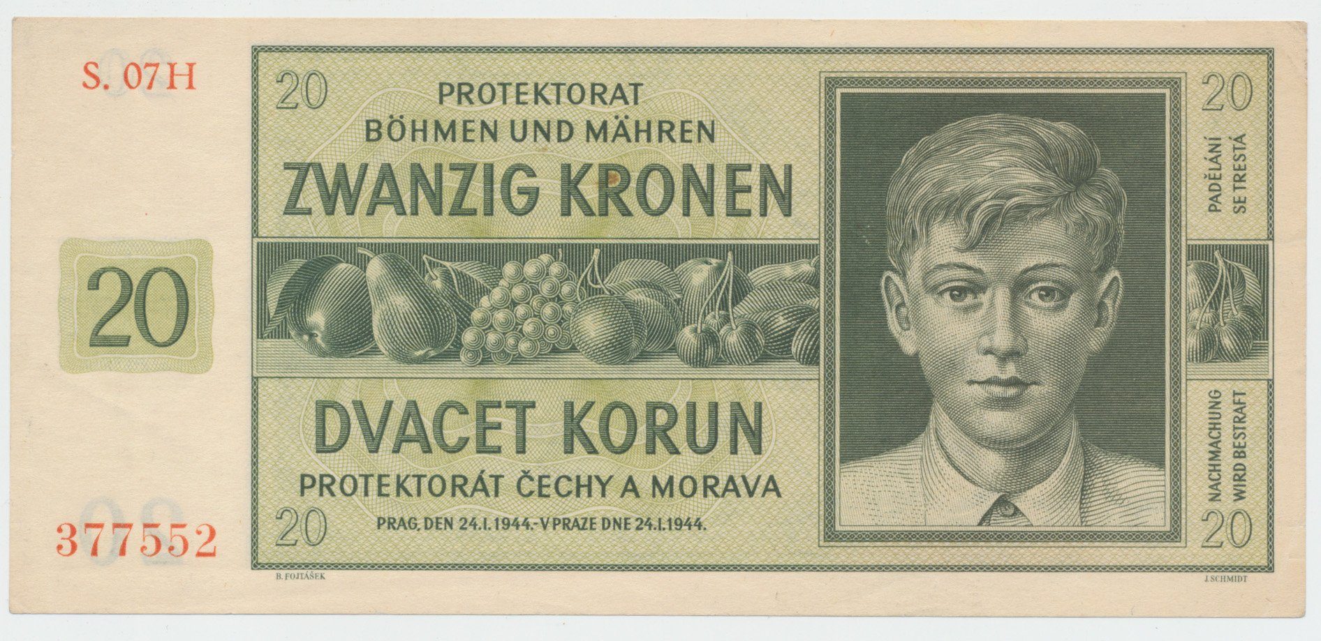 Protektorát Čechy a Morava, 20 Koruna 1944, tisk Haase, série H, Hej.40c