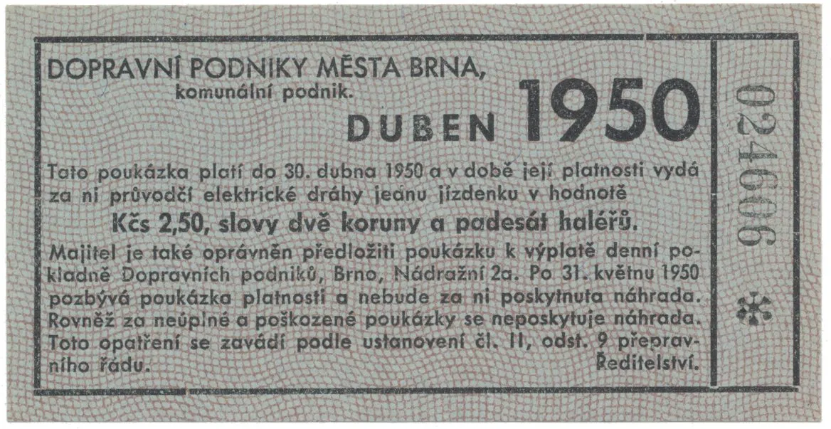 Brno - elektrické dráhy, 2.50 Kčs duben 1950, HH.16.1.15