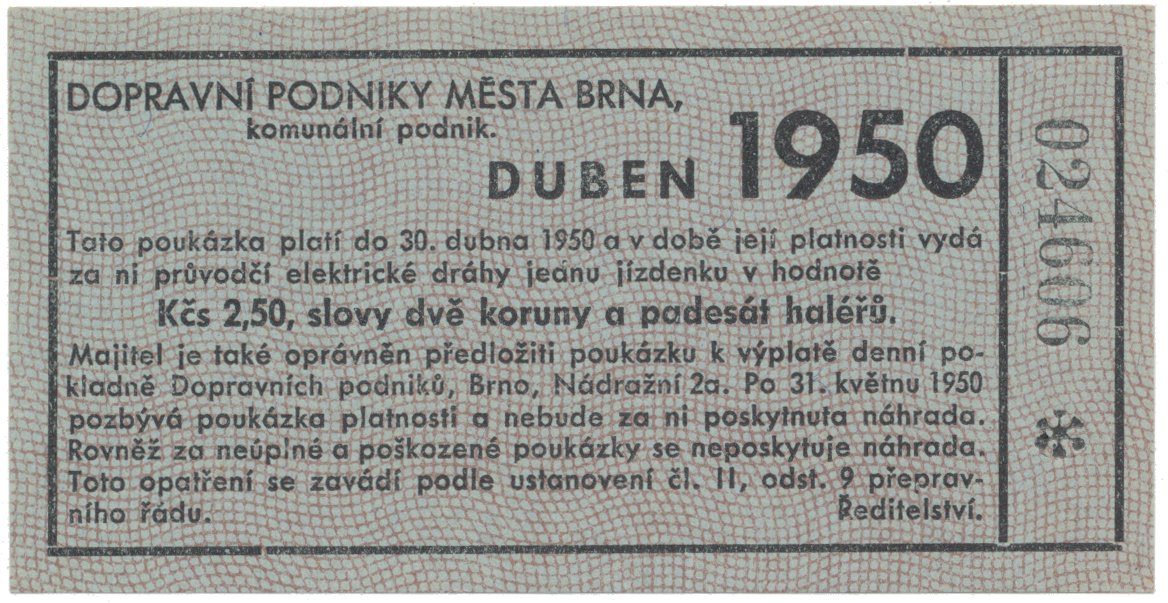 Brno - elektrické dráhy, 2.50 Kčs duben 1950, HH.16.1.15