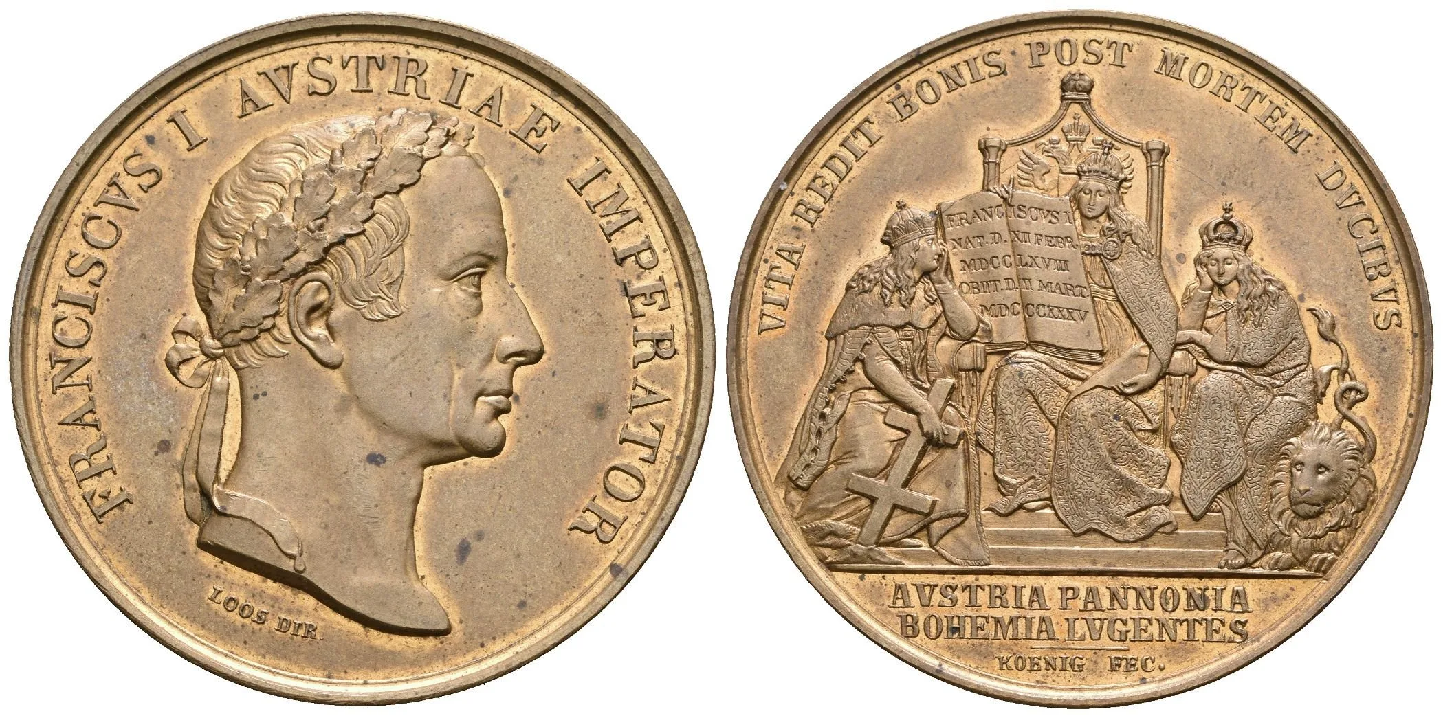 AE Medaile 1835 (Loos, Koenig) - Úmrtní. Portrét Františka II. zprava, opis / Austria, — 1