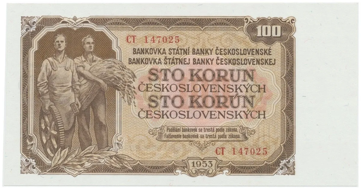 Československo, 100 Koruna 1953, tisk Moskva, série CT, Hej.95a1