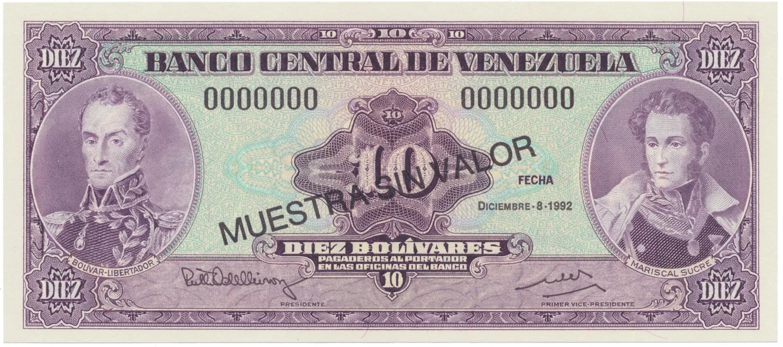 Venezuela, 10 Bolivares 1992, anulát - MUESTRA SIN VALOR, P.61cs