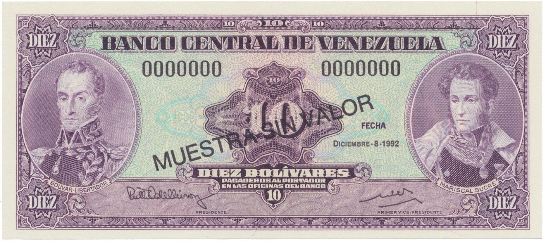 Venezuela, 10 Bolivares 1992, anulát - MUESTRA SIN VALOR, P.61cs