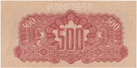 Československo, 500 Koruna 1944/1945, kolkovaná, perf. 1x SPECIMEN nahoře, Hej.67a.S1 - fotografie 2