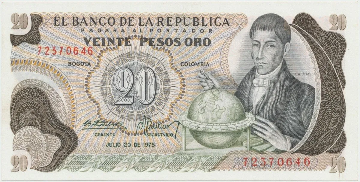 Kolumbie, 20 Pesos Oro 1975~1977, P.409c