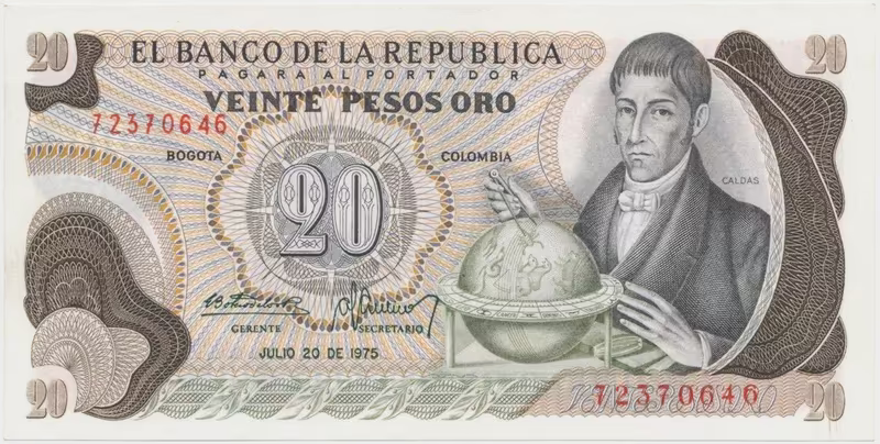 Kolumbie, 20 Pesos Oro 1975~1977, P.409c