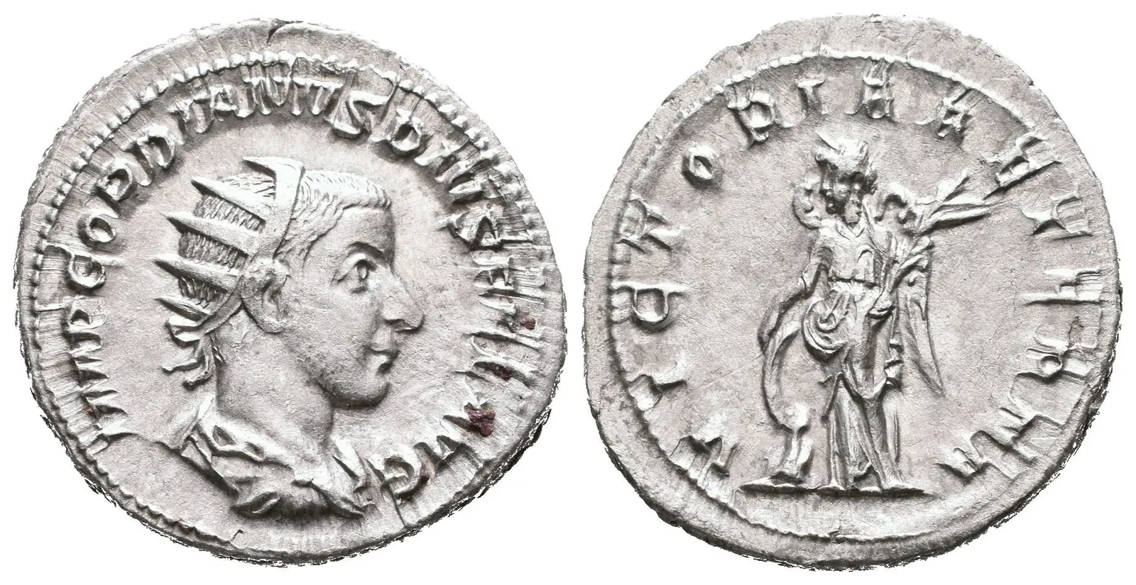 Antoninian, 243 - 244, Rv: VICTORIA AETERNA, stojící Victoria zleva se opírá o štít — 1