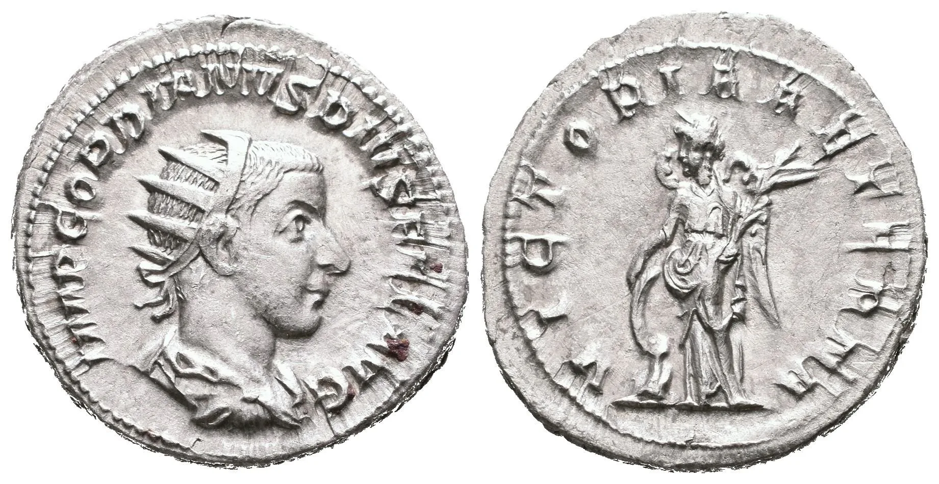 Antoninian, 243 - 244, Rv: VICTORIA AETERNA, stojící Victoria zleva se opírá o štít — 1