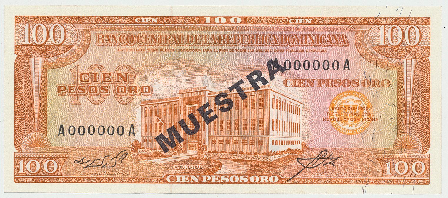 Dominikánská republika, 100 Pesos Oro (1964~1974), bank. vzor, A000000A, přetisk 1x MUESTRA, P.104s3