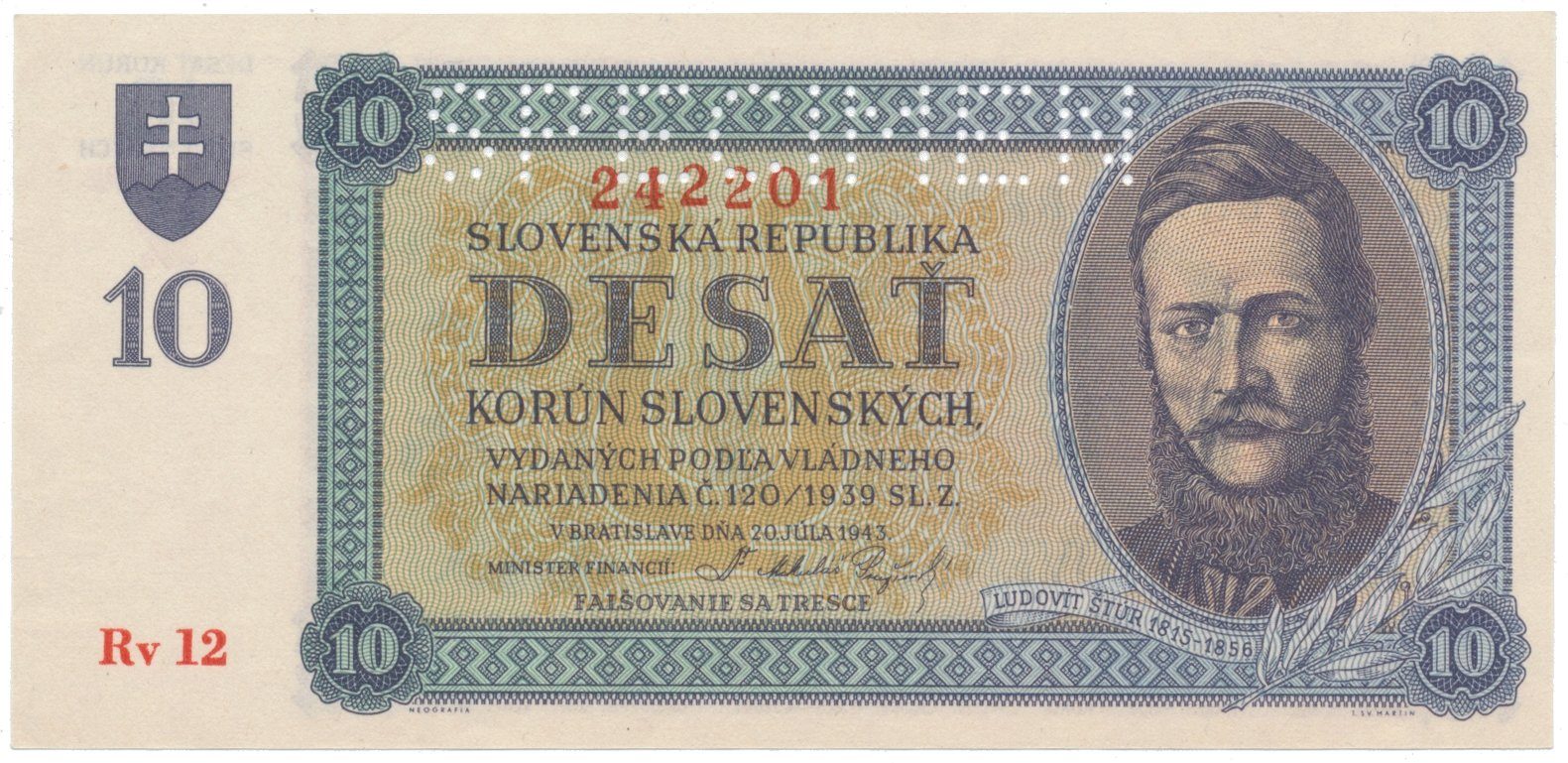 10 Koruna 1943, série Rv 12, Hej.54a2.S1