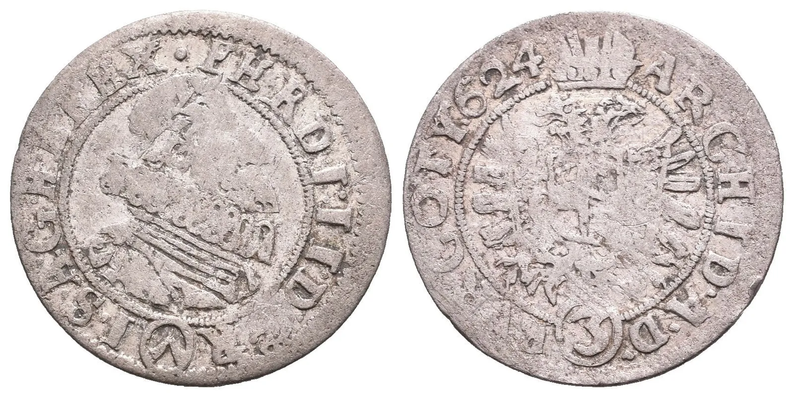 3 Krejcar 1624, Vídeň-Fellner, zkomolený opis na Av.: FHRDI, — 1