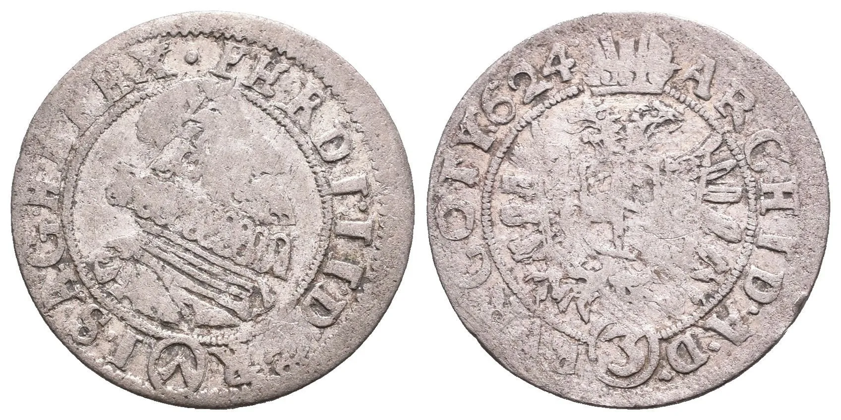 3 Krejcar 1624, Vídeň-Fellner, zkomolený opis na Av.: FHRDI, — 1