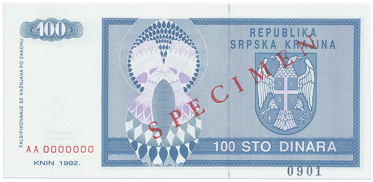 Chorvatsko - Srbská Krajina, 100 Dinara 1992, bankovní vzor, AA 0000000, přet. SPECIMEN, P.R3s