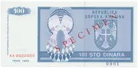 Chorvatsko - Srbská Krajina, 100 Dinara 1992, bankovní vzor, AA 0000000, přet. SPECIMEN, P.R3s