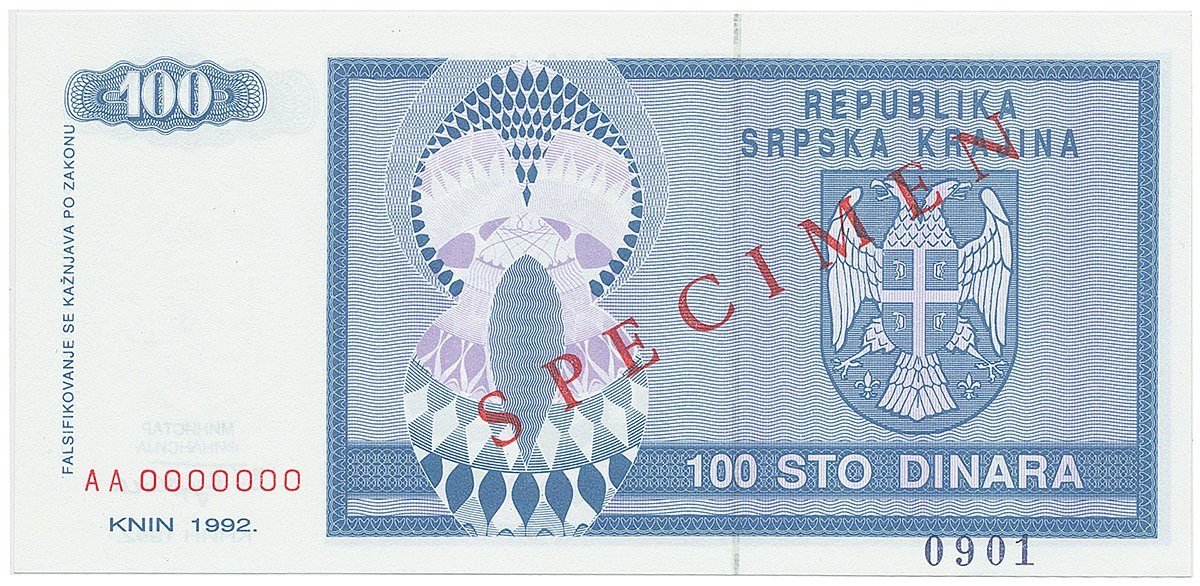 Chorvatsko - Srbská Krajina, 100 Dinara 1992, bankovní vzor, AA 0000000, přet. SPECIMEN, P.R3s