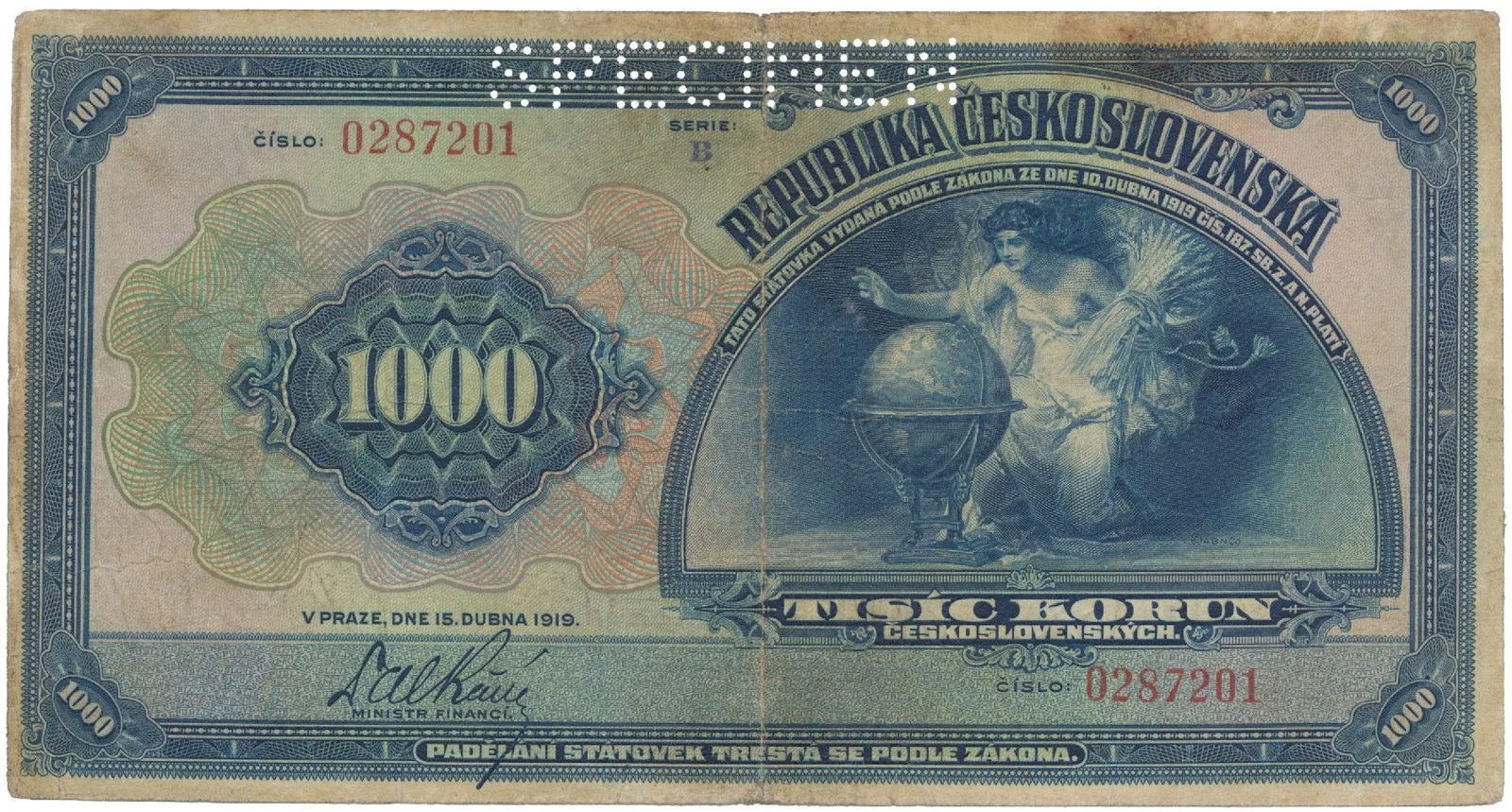 Československo, 1000 Koruna 1919, série B, perf. SPECIMEN, Hej.14a.S1, vzácná