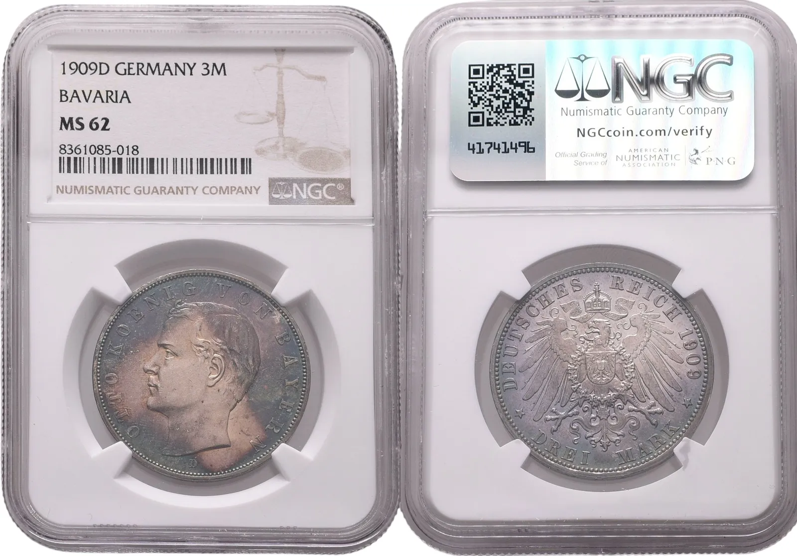 Bavorsko, 3 Marka 1909 D - NGC