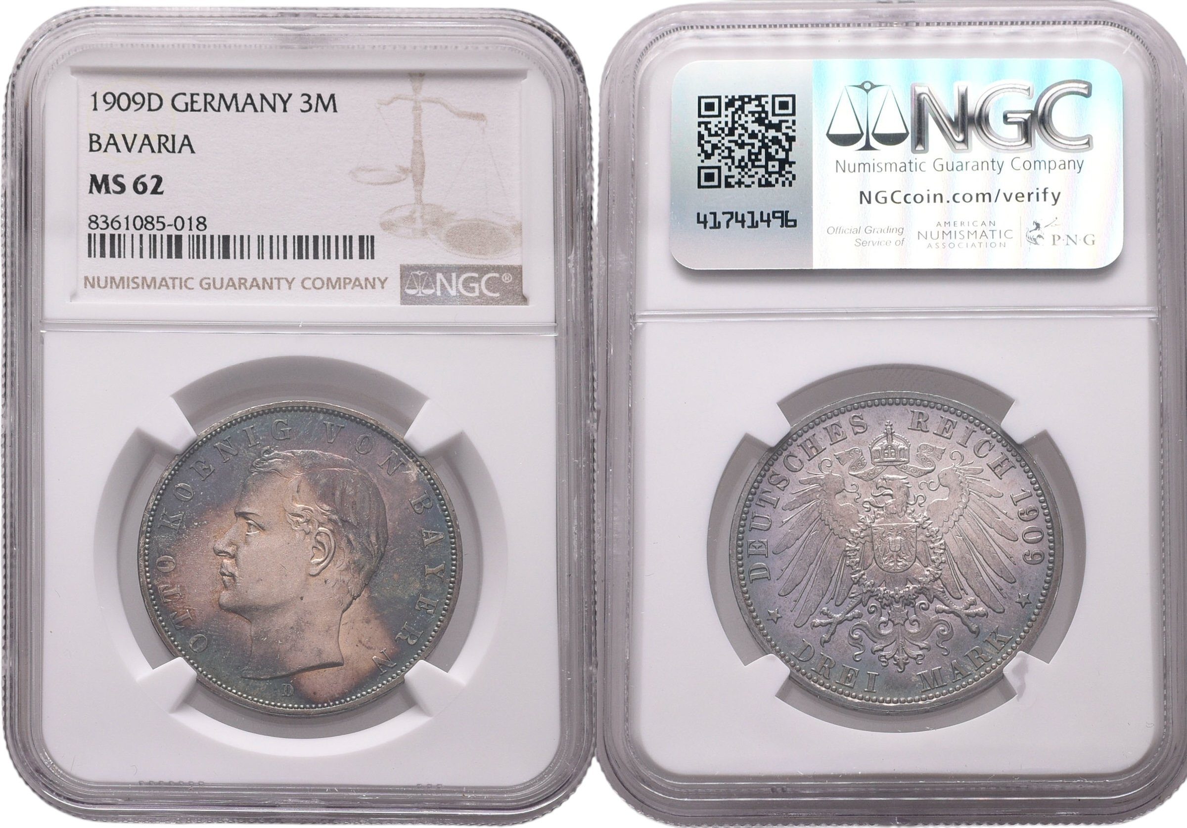Bavorsko, 3 Marka 1909 D - NGC