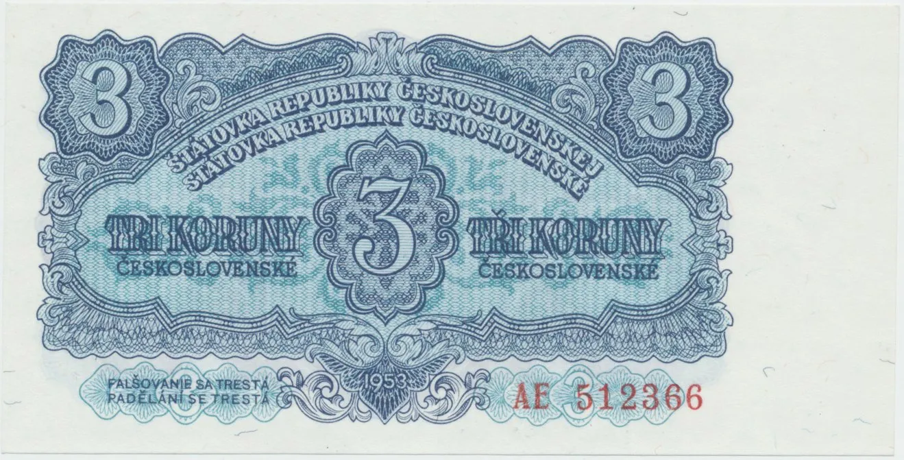 Československo, 3 Koruna 1953, tisk Moskva, série AE, Hej.90a1