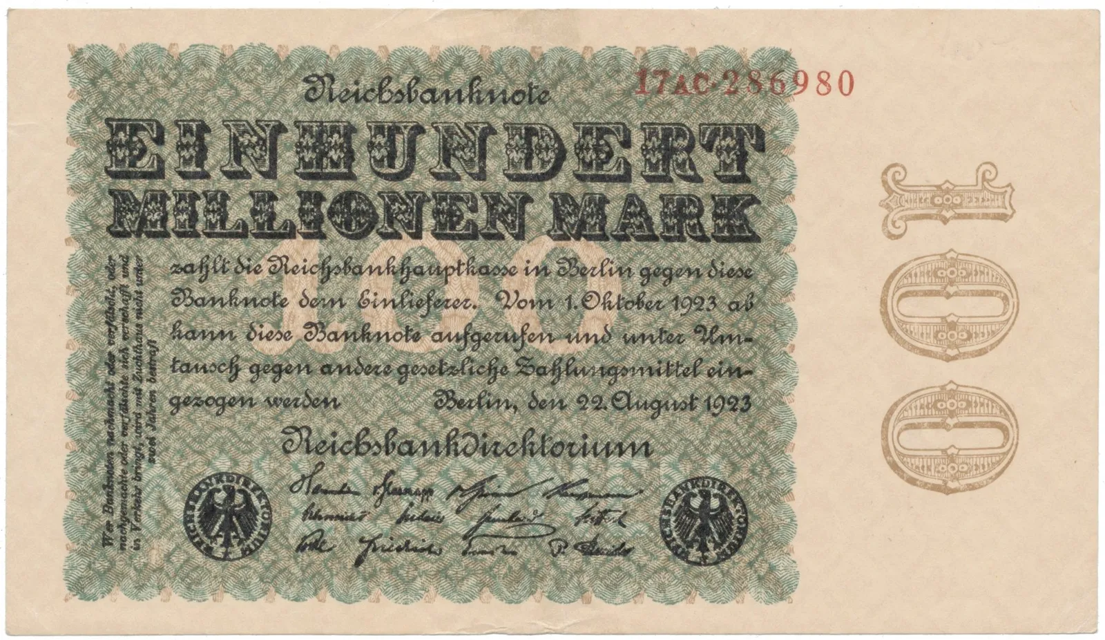 Německo, 100 Millionen Mark 1923, Kreuzblütten, Ro.106e