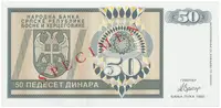 Bosna a Hercegovina, 50 Dinara 1992, bankovní vzor, AA 0000000, přet. SPECIMEN, P.134s - fotografie 2