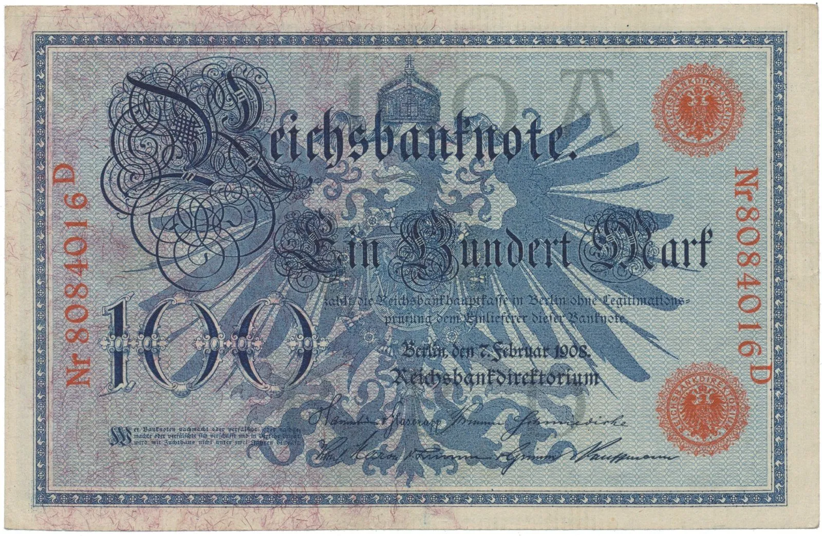 Německo, 100 Mark 1908, červený číslovač 29 mm, Ro.33b
