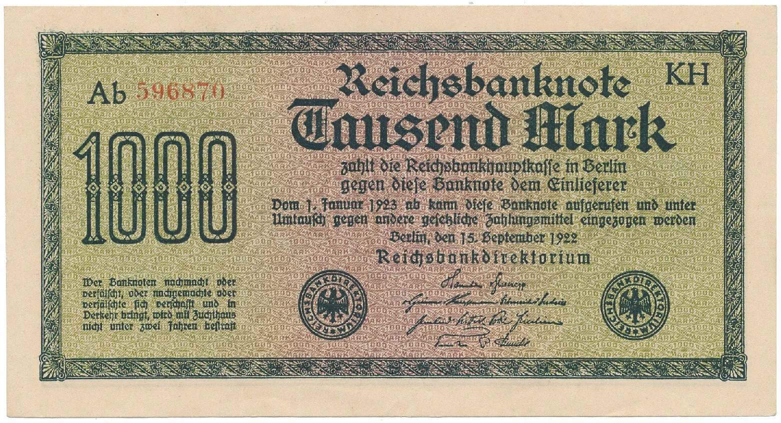 Německo, 1000 Mark 1922, vod. Achterstreifen, Ro.75o