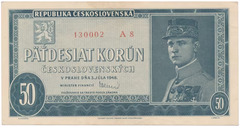 50 Koruna 1948, série A 8, perforace 3 m.d., Hej.82aS1