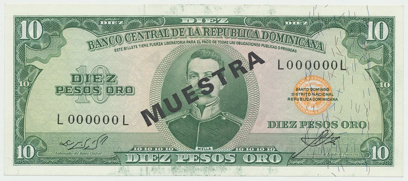 Dominikánská republika, 10 Pesos Oro (1964~1974), bank. vzor, L000000L, přetisk 1x MUESTRA, P.101s1