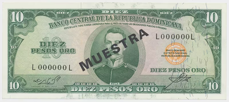 Dominikánská republika, 10 Pesos Oro (1964~1974), bank. vzor, L000000L, přetisk 1x MUESTRA, P.101s1