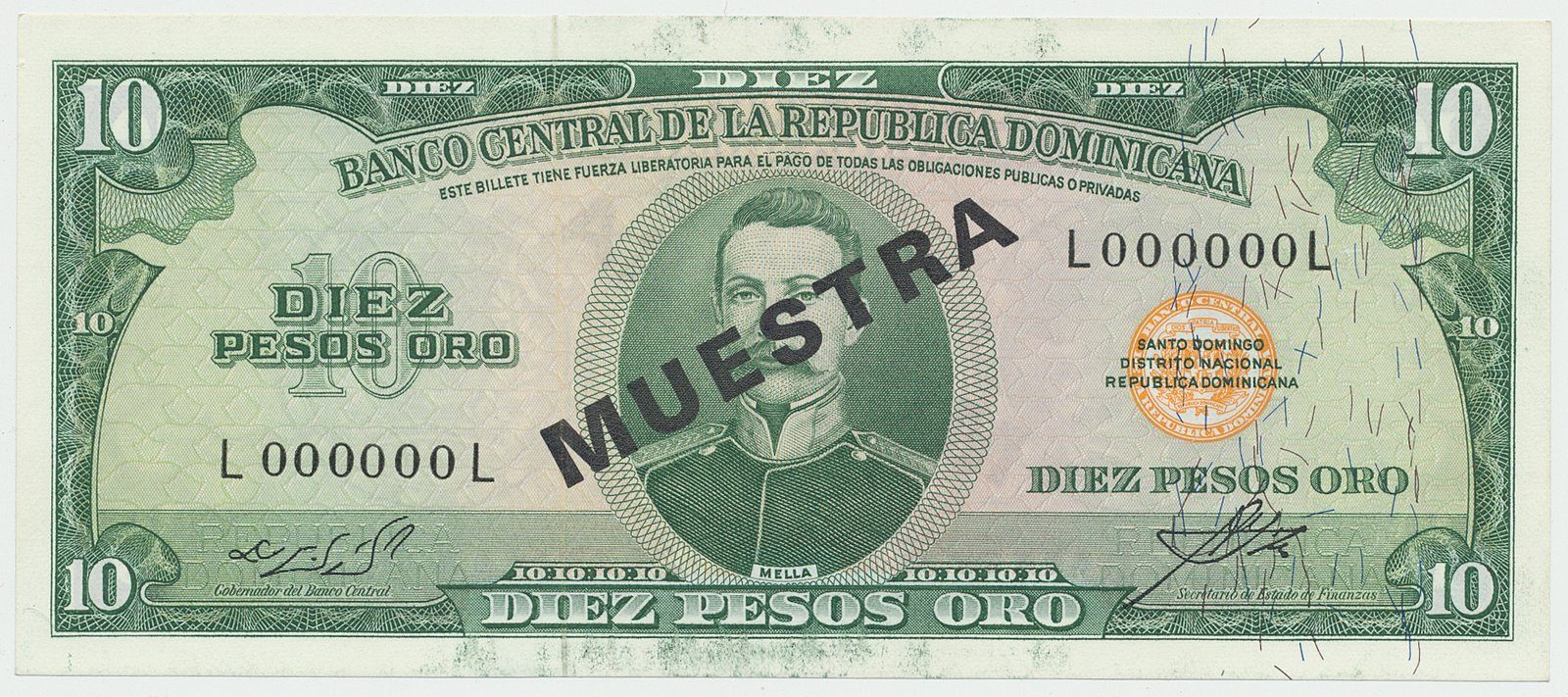 Dominikánská republika, 10 Pesos Oro (1964~1974), bank. vzor, L000000L, přetisk 1x MUESTRA, P.101s1