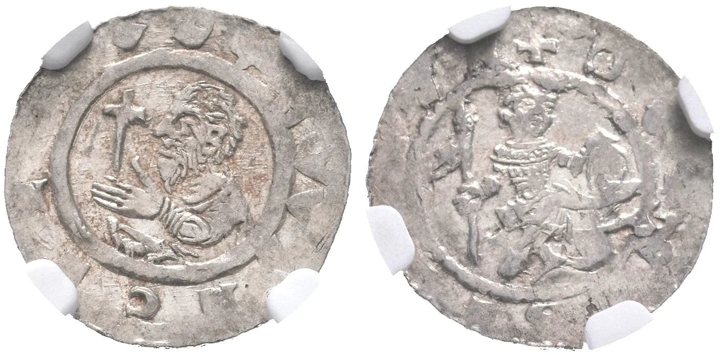Denár, Cach 572, nep. nedor. opisy jinak krásná zachovalost, certifikace NGC, hodnocení MS 62 — 1