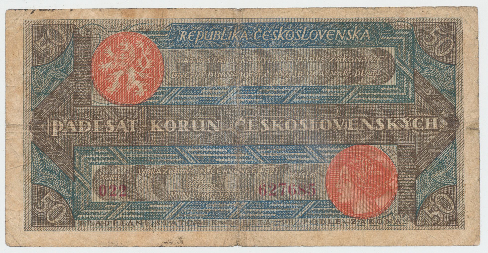 Československo, 50 Koruna 1922, série 022, tisk Haase, Hej.19a