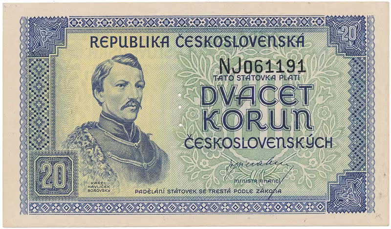 Československo, 20 Koruna b.d. (1945), perforace 3 md svisle, Hej.72a.S1
