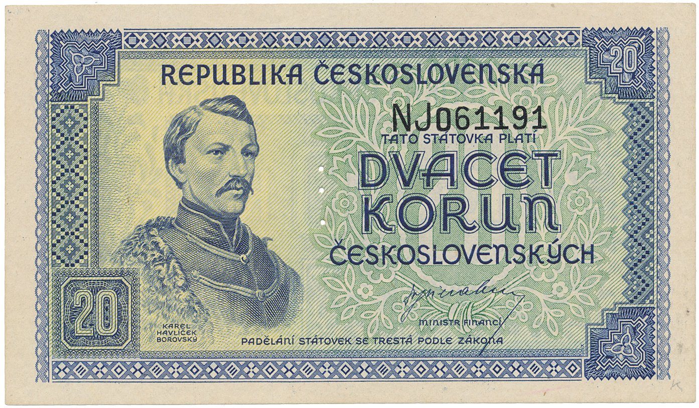 Československo, 20 Koruna b.d. (1945), perforace 3 md svisle, Hej.72a.S1