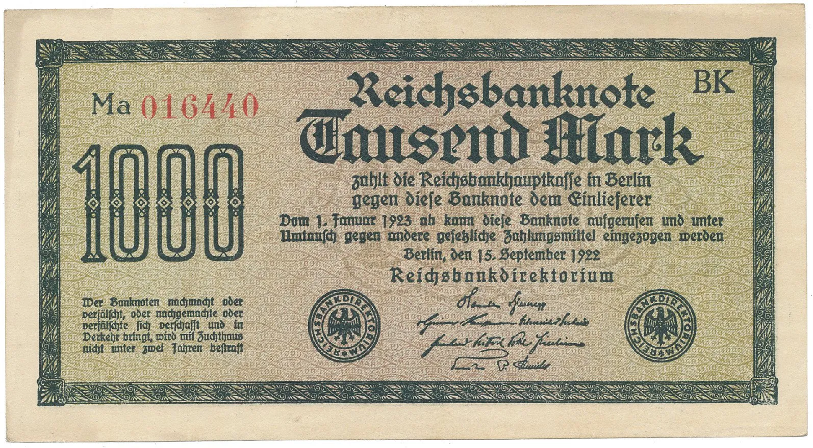 Německo, 1000 Mark 1922, vod. Mäander, červené 6-místné číslo, Ro.75g