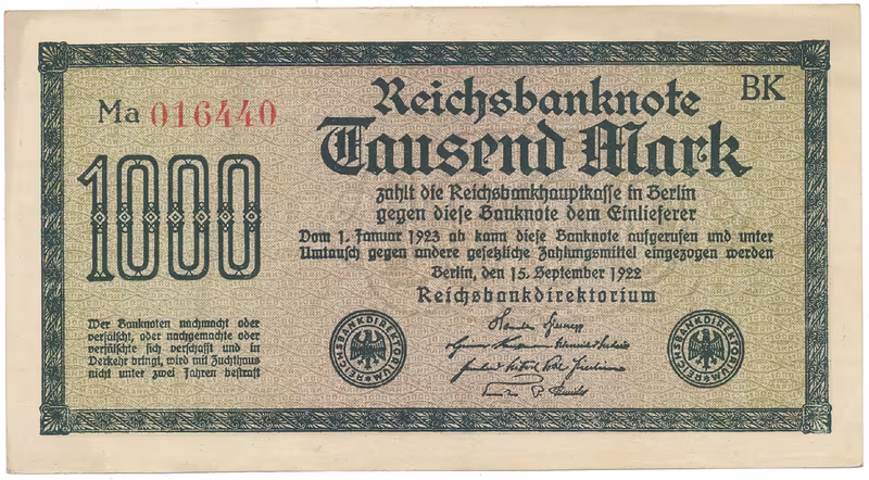Německo, 1000 Mark 1922, vod. Mäander, červené 6-místné číslo, Ro.75g