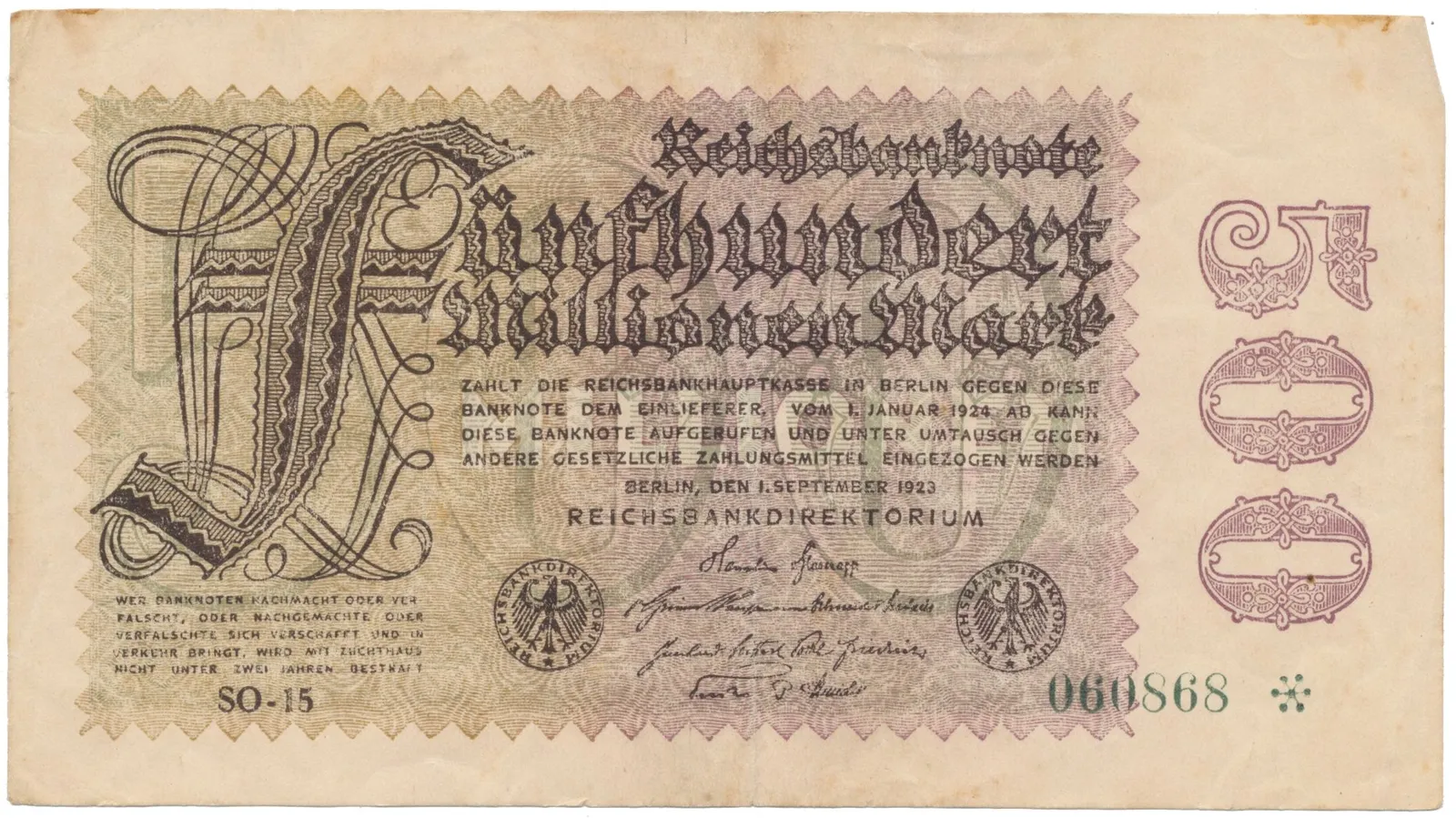 Německo, 500 Millionen Mark 1923, vodoznak Sterne, Ro.109h