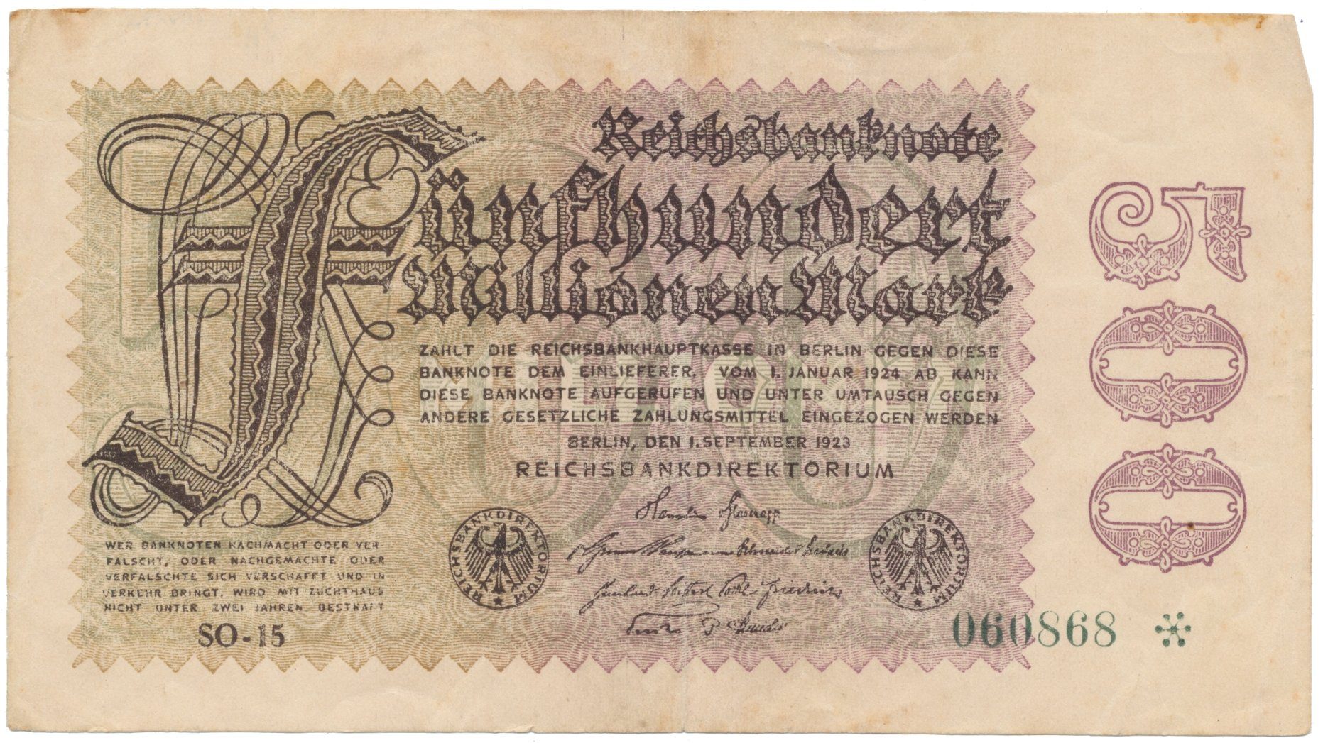 Německo, 500 Millionen Mark 1923, vodoznak Sterne, Ro.109h