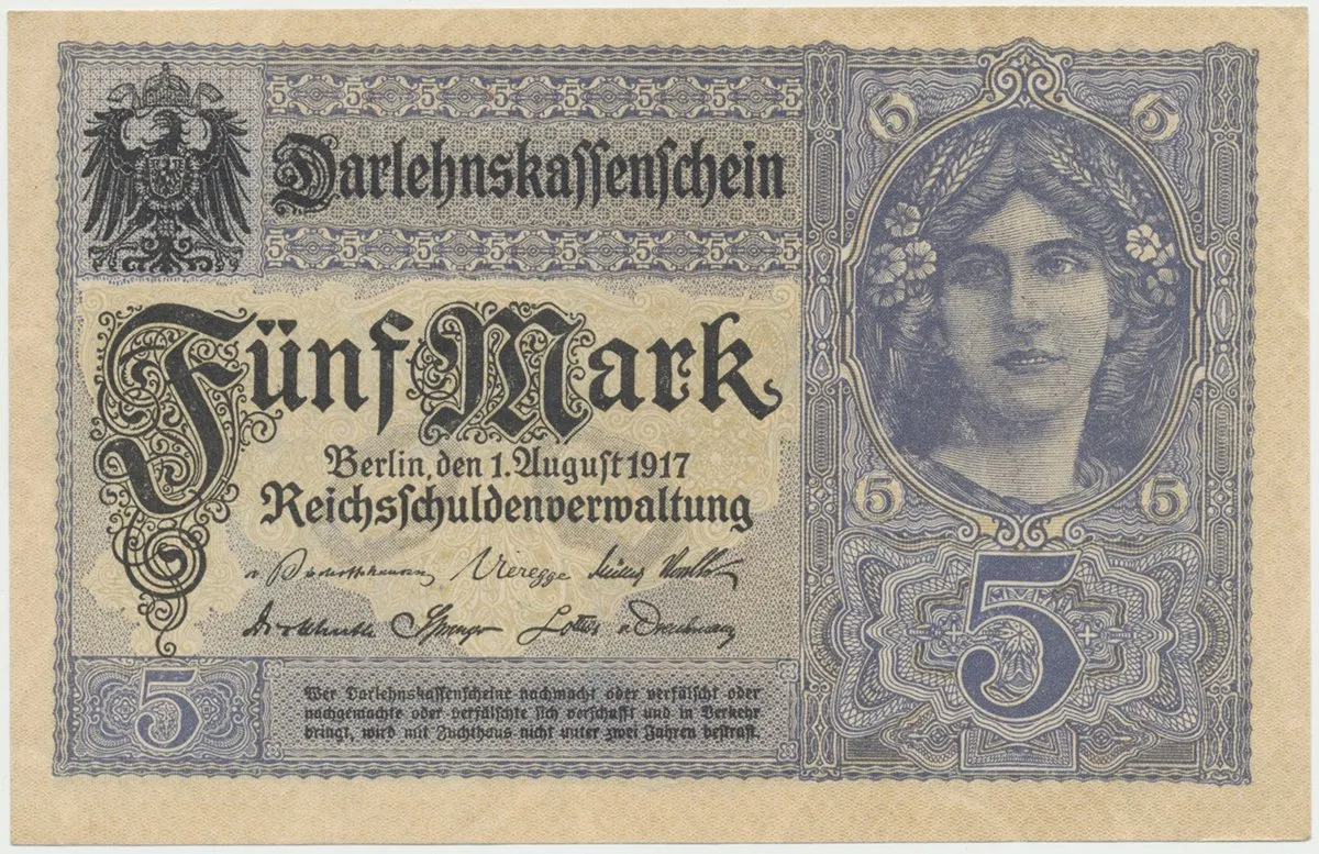 Německo, 5 Mark 1917, 8-místný číslovač, Ro.54c