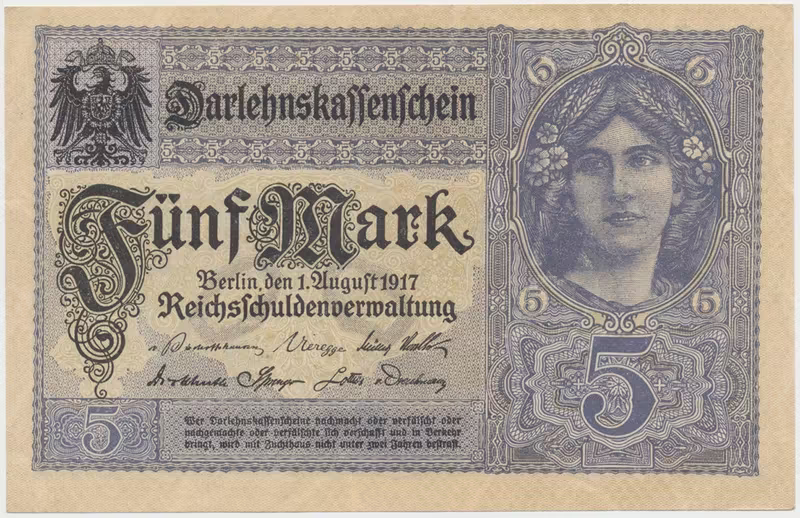 Německo, 5 Mark 1917, 8-místný číslovač, Ro.54c