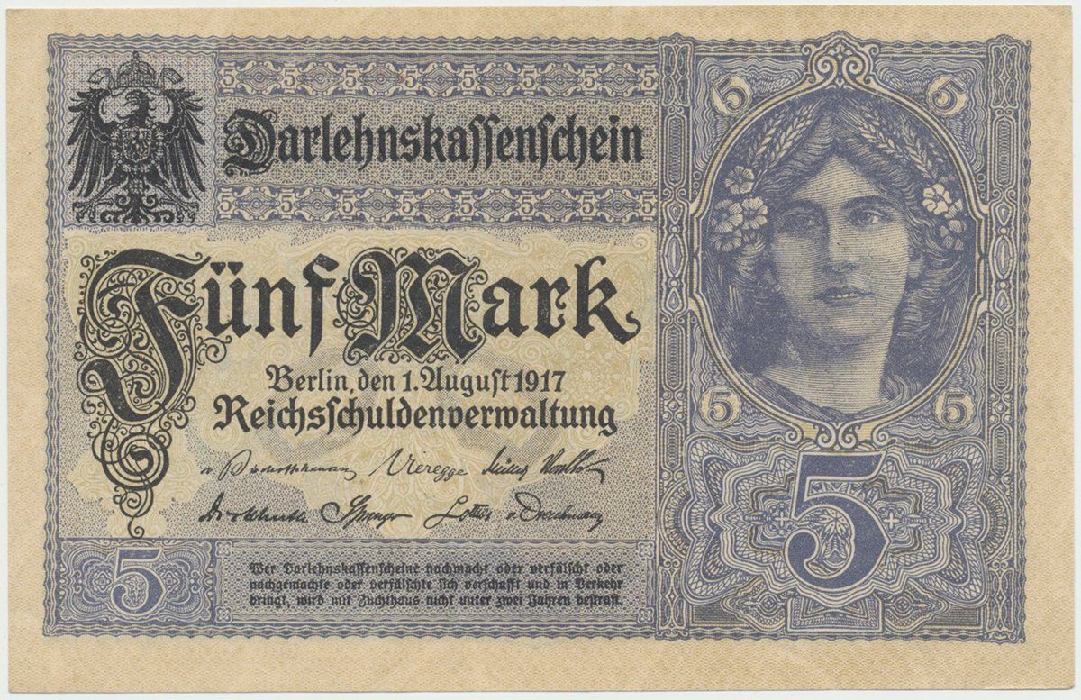 Německo, 5 Mark 1917, 8-místný číslovač, Ro.54c