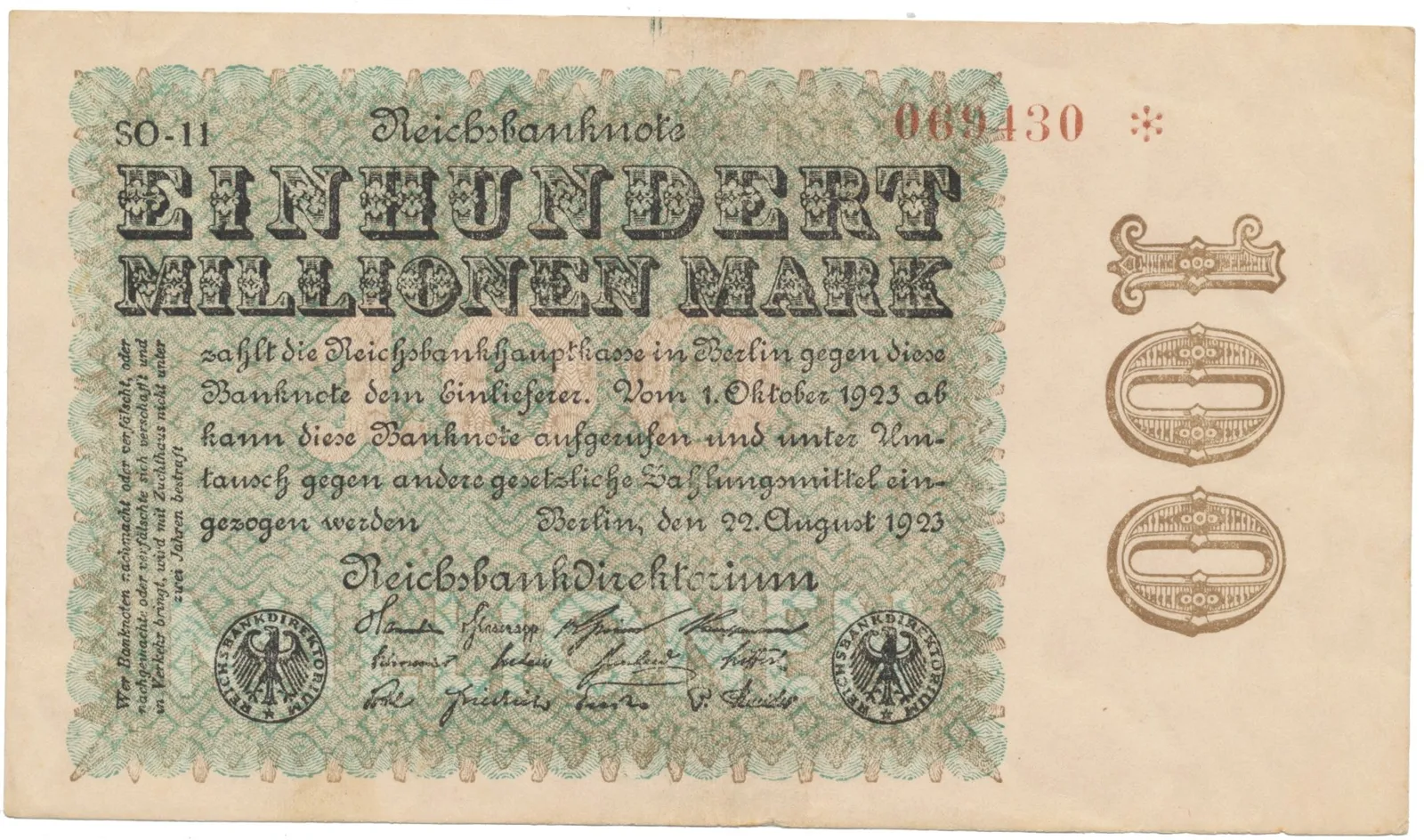 Německo, 100 Millionen Mark 1923, Sterne, Ro.106u