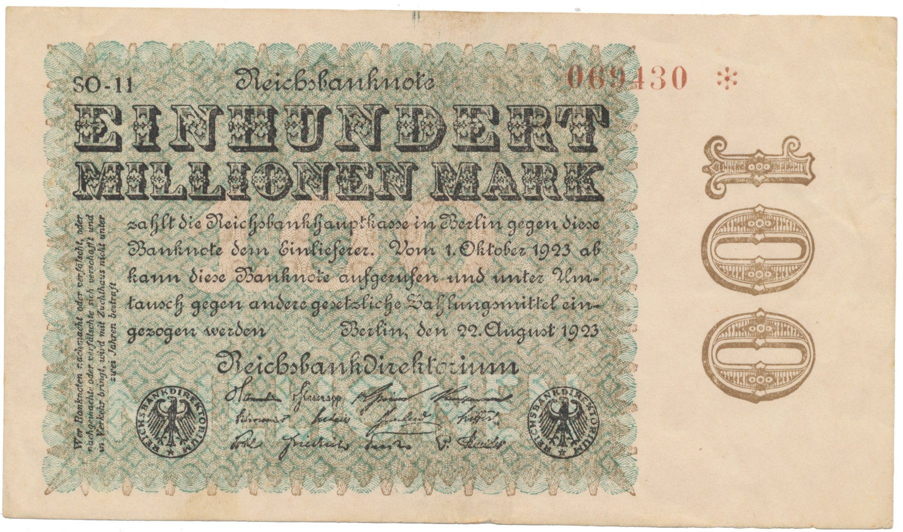 Německo, 100 Millionen Mark 1923, Sterne, Ro.106u
