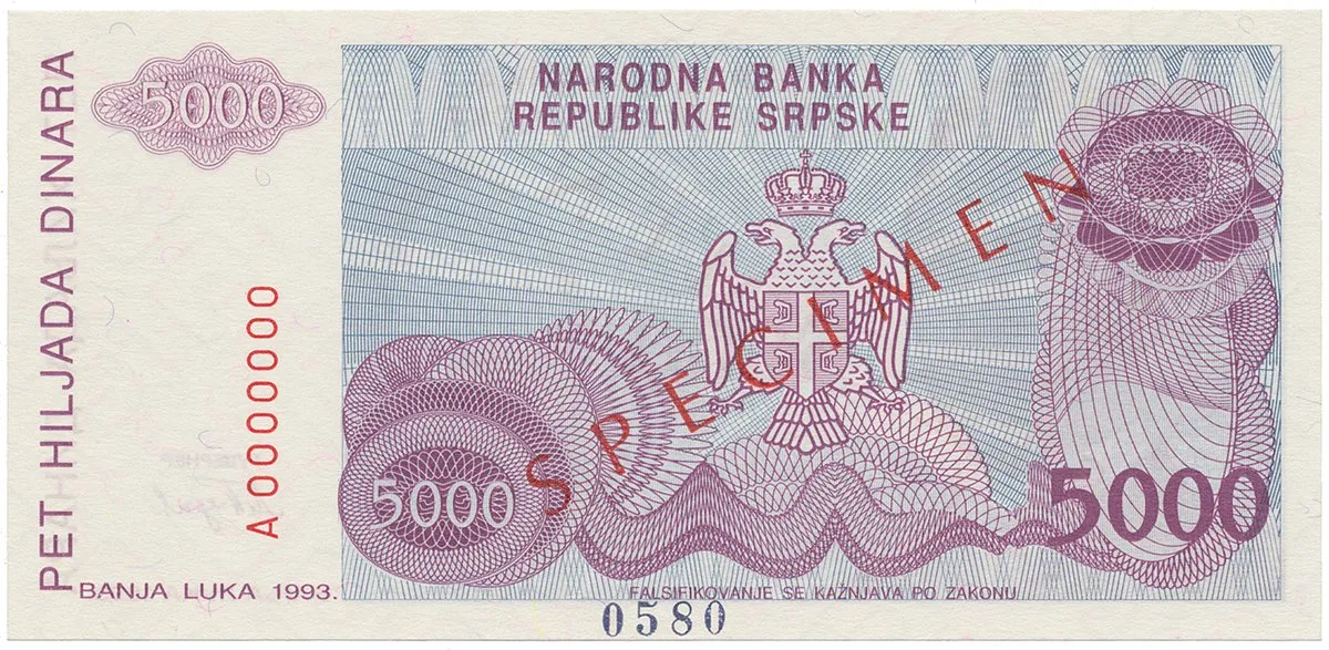 Bosna a Hercegovina, 5000 Dinara 1993, bankovní vzor, A 0000000, přet. SPECIMEN, P.149s